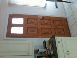 6 panel carved fir door with 2 glass panels