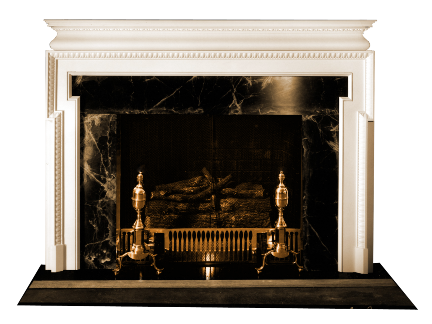 Charleston mantel in white with marble surround and andirons