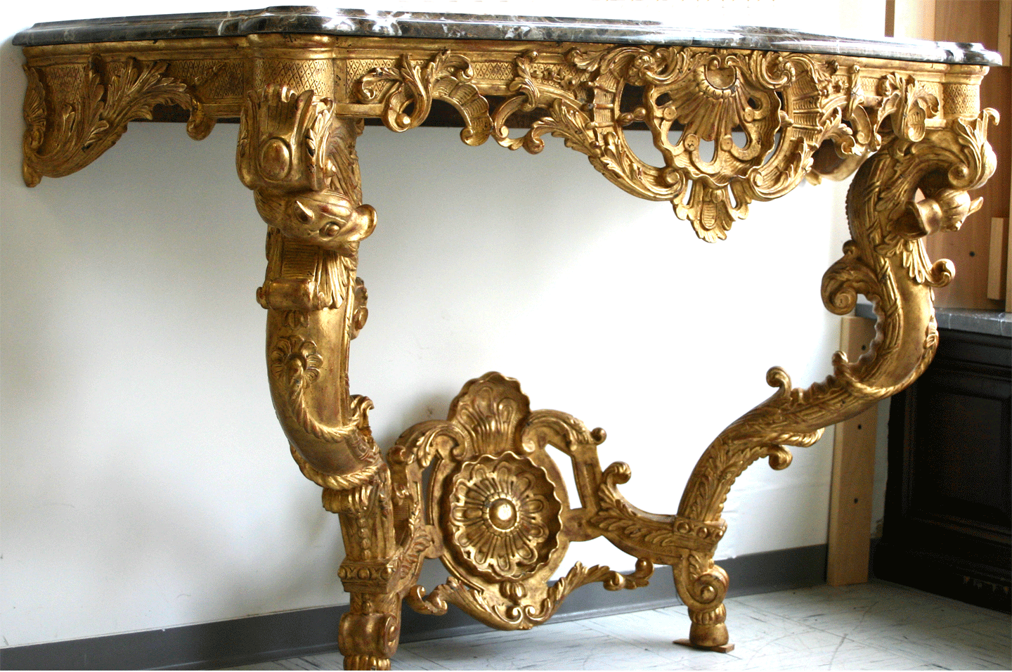 Gold Leaf French dolphin carved console table